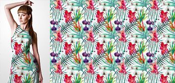09009v Materiał ze wzorem malowane duże tropikalne kwiaty (strelicja, storczyk, hibiskus)